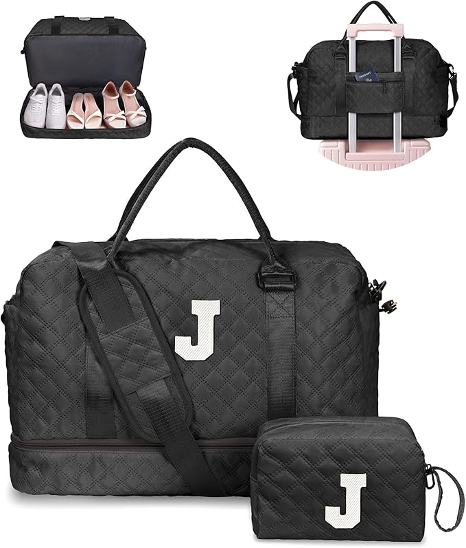 Initial Duffle Bag with Shoe Compartment, Personalized Weekender Bag, Monogram Overnight Bag for Women with Trolley Sleeve & Wet Pocket, Letter Travel Bag with Makeup Bag (Letter J), Black