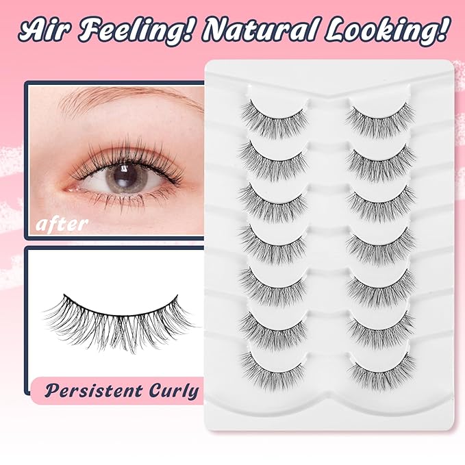 Eyelashes Short Natural Lashes Wispy Eyeashes Natural Look 10mm Strip Lashes False Eyelashes C Curl Eye Lashes Pack 0.1MM Thin Band 3D Volume Soft Eyelash Siligli Lash 7 Pair