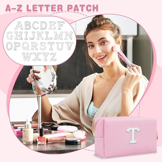 ChaoGreat Bride Gifts – Personalized Initial Makeup Bag with Pearl Rhinestone Patch, Preppy Pink Monogram Cosmetic/Toiletry Pouch, bridesmaid Gifts, Bridal Shower Gifts, Wedding Gifts, Bridal Gifts,T