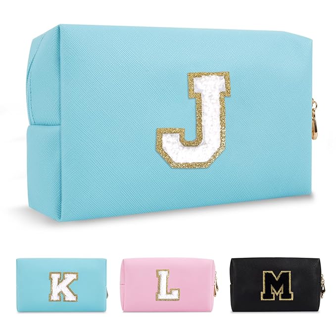 Small Personalized Initial A-Z Preppy Patch Makeup Bag,PU Chenille Letter Travel Cosmetic Pouch with Zipper,Blue Cute Toiletry Bag,Gift Ideal for Teen Girls Women Teacher Bridesmaid,Letter J