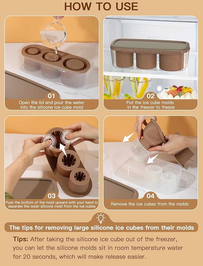 Ice Cube Tray for Tumbler Cup 30Oz-40Oz, 3 Pcs Silicone Cylinder Ice Mold with Lid and Bin for Freezer, Easy Fill and Release Ice Maker for Whiskey, Cocktail BPA-Free