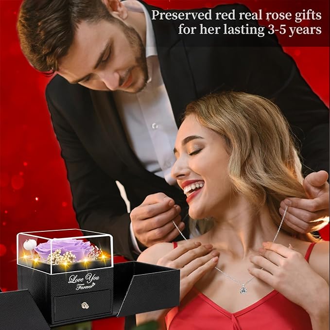 Preserved Light Purple Real Rose with Heart I Love You Necklace -Eternal Flowers Rose Birthday Gifts for Women Her Mom Wife Girlfriend Grandma on Valentines Mothers Day Christmas Anniversary