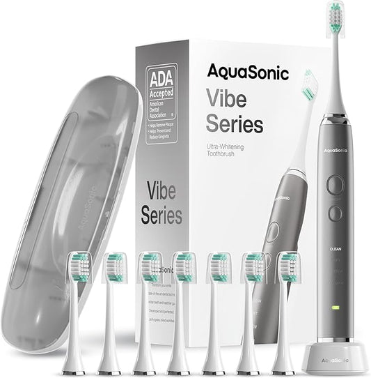 Aquasonic Vibe Series Ultra-Whitening Toothbrush – ADA Accepted Electric Toothbrush - 8 Brush Heads & Travel Case – 40,000 VPM Motor & Wireless Charging - 4 Modes w Smart Timer – Charcoal Metallic