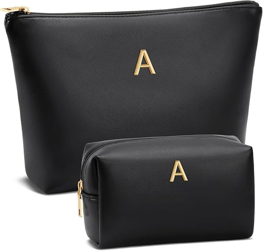 Women Gifts | Initial Makeup Bag Set for Girl Personalized Gifts for Bridesmaid Friend Graduation Teachers PU Leather Cosmetic Travel Toiletry Bag(Black,A)
