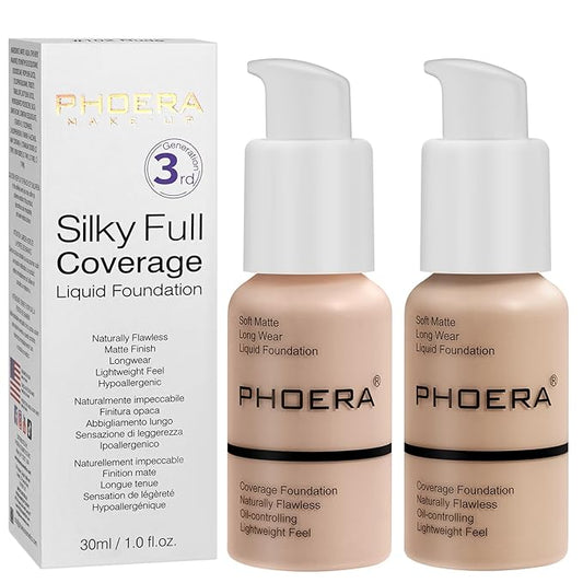 PHOERA Foundation, PHOERA Matte Liquid Foundation,PHOERA Makeup for Women, PHOERA Foundation Full Coverage Concealer, 30ml 24HR Matte Oil Control Concealer (101+102/Porcelain+Nude)