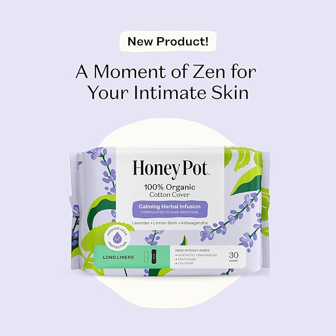 Honey Pot 100% Organic Cotton Cover Calming Herbal Infusion Long Liners, 30 Count