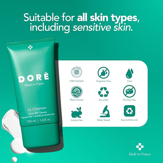 Doré - Le Cleanser Gel to Milk Daily Face Cleanser | Gentle Hydrating Cleaner for Dry & Sensitive Skin | Makeup Remover for Women & Men for Face (5 fl oz | 150 ml)