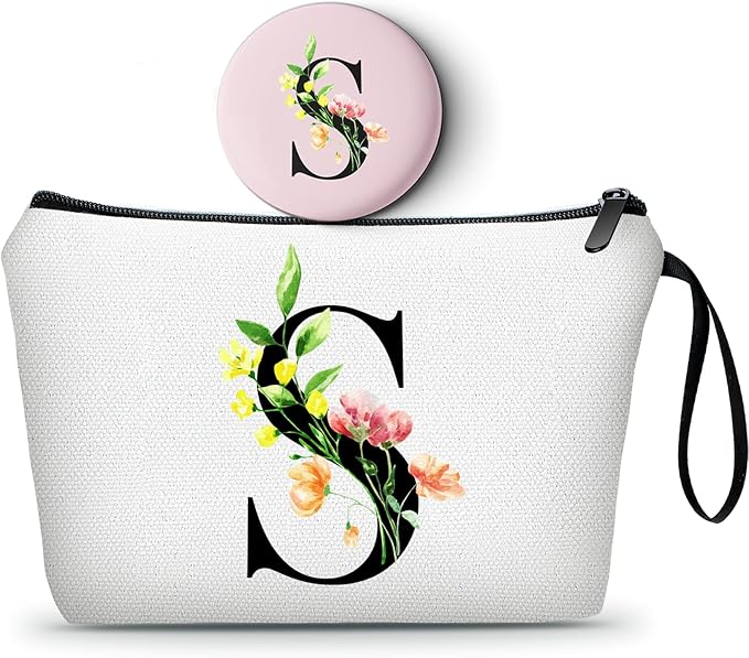 SEAMOON Birthday Bridal Shower Unique Initial Gifts for Women Mom Sister Daughter Friend Bff Personalized Travel Makeup Cosmetic Bag with Mirror Valentines Mothers Day Christmas Graduation S