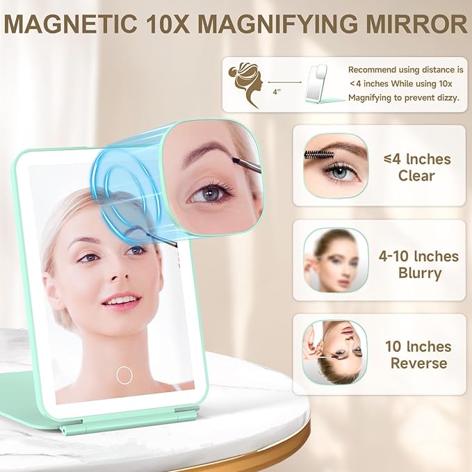 Mocado LED Foldable Travel Makeup Mirror - 5x7 inches3 Colors Light Modes USB Rechargeable Touch Screen, Portable Tabletop Cosmetic Mirror for Travel, Cosmetic, Office (Green)