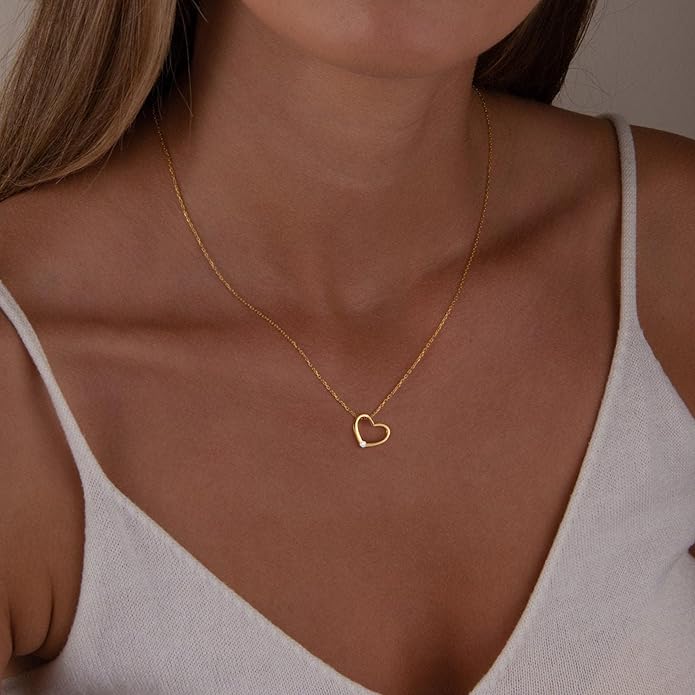 Dainty Gold Heart Necklace for Women - 14K Gold/Silver Plated Cute Heart Handmade Disc Circle Bee Choker Adjustable Necklace for Women Trendy Jewelry