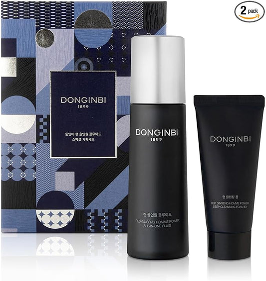 Donginbi Red Ginseng Homme All-in-One Special Set - Hydrating Korean Red Ginseng Essence(4.06 floz), Glycolic & Squalane Acid Face Wash, AHA Exfoliant, Korean Skin Care Set Gifts for Men