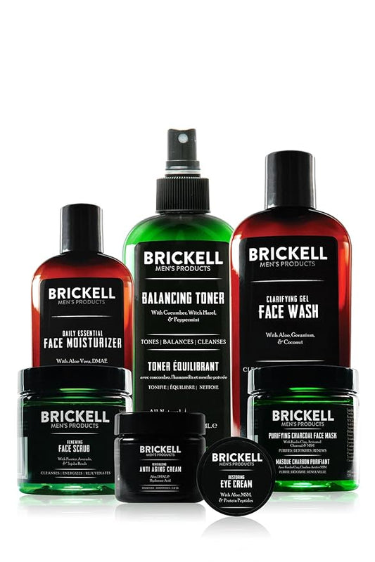 Brickell Men's Daily Elite Face Care Routine I, Toner, Gel Facial Wash, Face Scrub, Anti-Aging Night Cream, Eye Cream, Charcoal Mask and Moisturizer, Natural and Organic, Scented