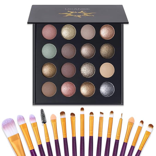 UCANBE 16 Color Baked Eyeshadow Palette with 15PCS Brushes Makeup Set,Matte&Shimmer Blend Eyeshadow for Women&Girls,Highly Pigmented Long Lasting Waterproof Make Up Pallet