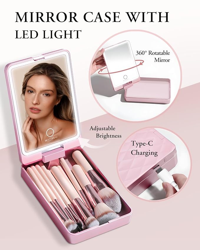 Makeup Brushes with Case, 20PCs Travel Makeup Brush Set, Foundation Concealer Blush Eyeshadow Brush Set Contour Powder Eyebrow Eyelash Brush Kit with Led Light Mirror Holder & 2 Powder Puff-Pink