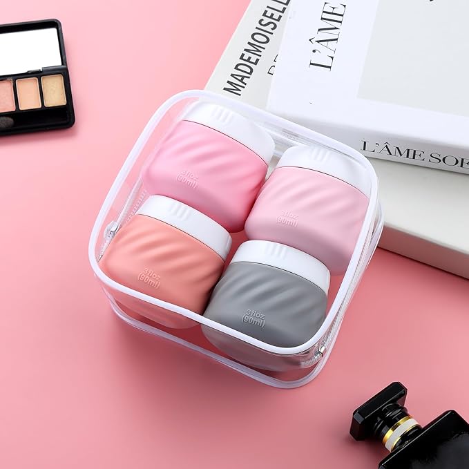 Gemice Silicone Cream Jars TSA Approved Travel Size Containers with Toiletry Bag, Wide Mouth Leak-proof Travel Accessories with Lid for Cosmetic Cream (4 Pack)