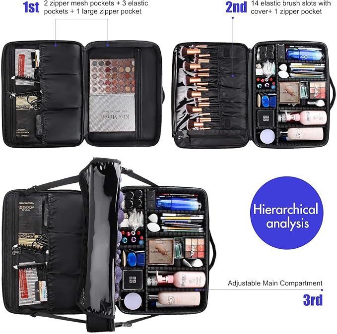 MONSITNA Extra Large Makeup Case 17 Inch Super Large Capacity Travel Makeup Train Case Professional Makeup Artist Case Nail Polish Organizer Storage Box with Two Adjustable Shoulder Strap (Black)
