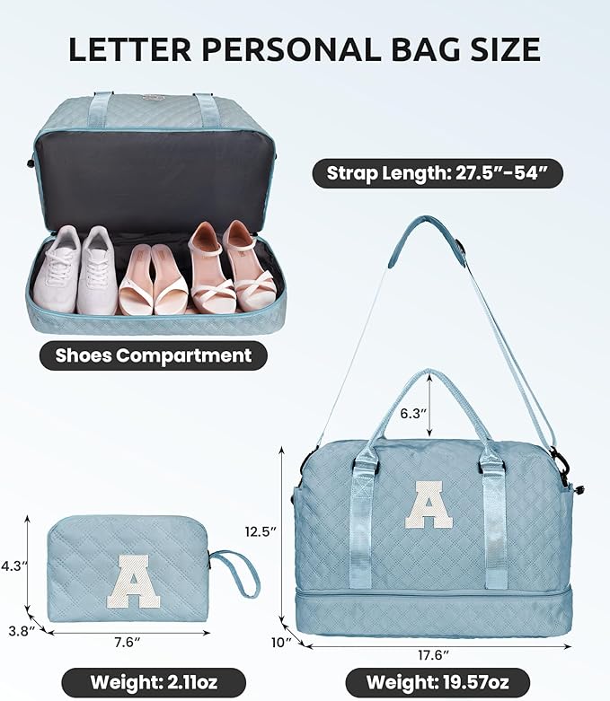 Birthday Gifts for Women-Duffle Bag with Shoe Compartment, Personalized Weekender Bag, Monogram Overnight Bag, Letter Travel Bag with Makeup Bag，Preppy Gifts For Girl (Letter V)