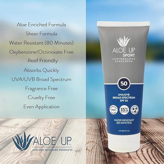 Aloe Up Sport Sunscreen Lotion SPF 50 - Broad Spectrum UVA/UVB Sunscreen Protector for Face and Body With Hydrating Aloe Vera Gel Non-Greasy No White Cast Reef Safe Fragrance Free - 6 Oz- 2 pack