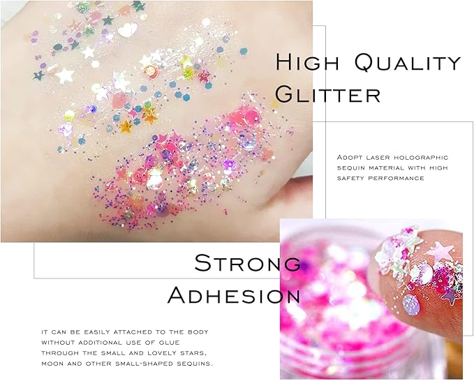 Ownest 12 Colors Holographic Chunky Glitter Gel Set, Christmas Party Makeup Face Body Eye Lips Hair Nail Cosmetic Festival Chunky Glitter Eyeshadow, Mixable, No Need Glue