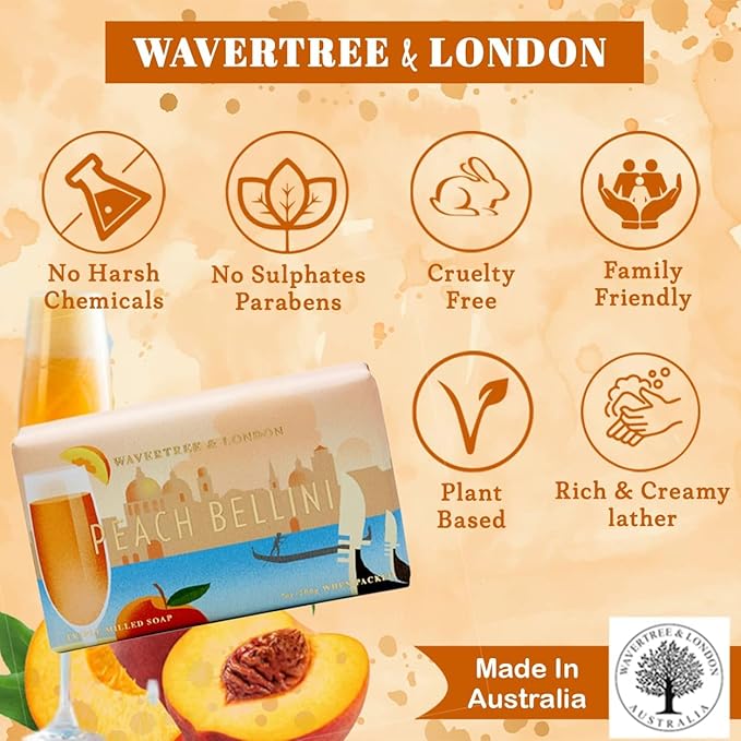 Wavertree & London Peach Bellini Scented Natural Soap (2 Bars), 7oz Moisturizing French Triple Milled Soap Bars enriched with shea butter - Pure Plant Based Bath & Body Bars for All Skin Types