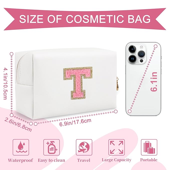 Personalized Makeup Bag Initial A-Z Preppy Patch Bag,Small PU Leather Travel Cosmetic Bag Pouch with Zipper,White Cute Toiletry Bag,Gift Ideal for Teen Girls Women Birthday Friend Mom,Letter T