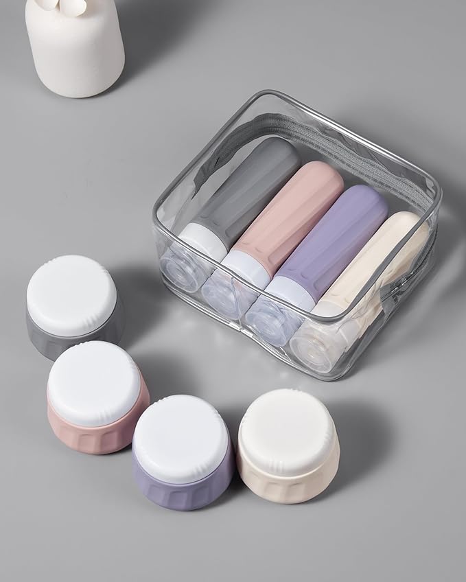 Travel Bottles for Toiletries 8 Pack, Travel Size Toiletries, Tsa Approved Travel Size Containers 3oz, with Travel Essentials Clear Bag, Leak Proof Silicone Squeezable Creams Jars