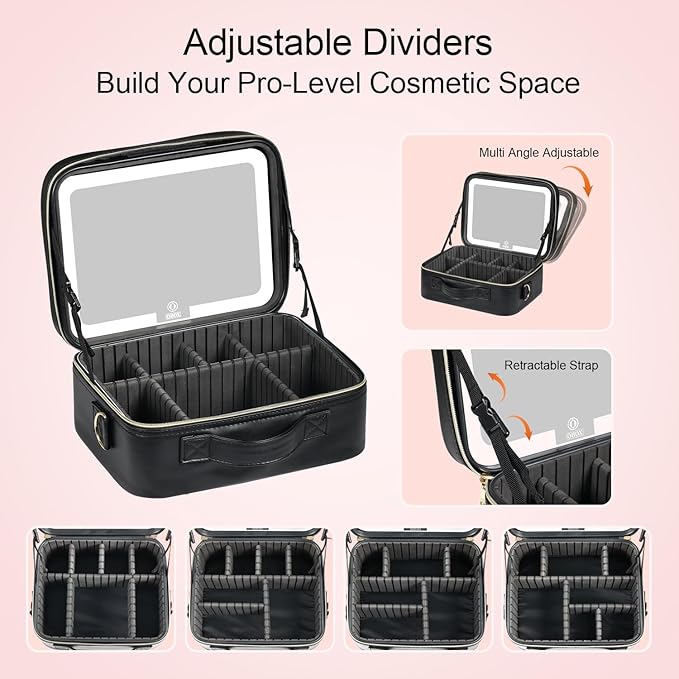 Makeup Case with LED Light Mirror, Professional Portable Travel Cosmetic Organizer Bah with Adjustable Dividers, USB Charging, Large Capacity, Ideal for Travel, Gift for Women Girls, Black