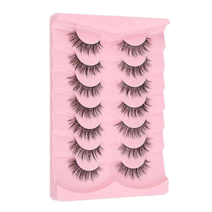 Wispy Lashes False Eyelashes 16mm Strip Lashes Fluffy Eyelashes C Curl Lash Strips Fake Eyelashes Natural with 0.1MM Thin Cotton Band Siligli 3D Volume Eyelash Pack 7 Pair