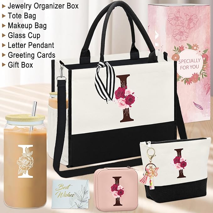 Birthday Gifts for Women,Initial Canvas Tote Bag,Monogrammed Gift for Women,16oz Glass Cup,Makeup Bag with Zipper,Jewelry Organizer Box,Personalized Gifts for Mom-I