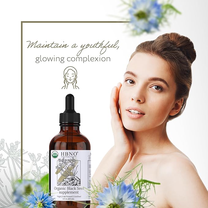 HBNO Organic Black Seed Oil - Huge 4oz (120ml) Glass Bottle Value Size - USDA Certified Organic Black Seed Oil, Cold Pressed for Face, Body, Lips, Shampoo & Conditioner