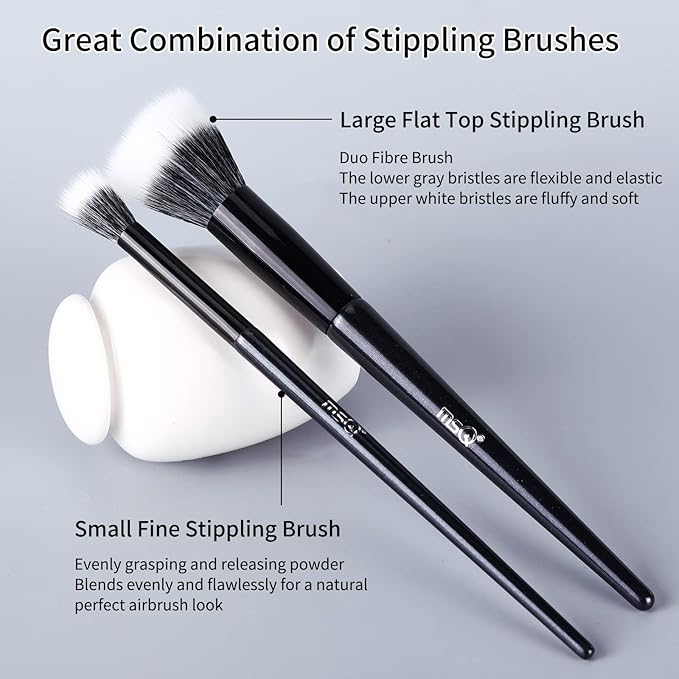 MSQ Stipple Blush Brushes, 2PCS Duo Fiber Stippling Brush Flat Top Double Stipple Makeup Brush, Great for Blending, Highlight, Blush,Contour, Cream, Foundation,Smooth & Natural (Black Stipple)