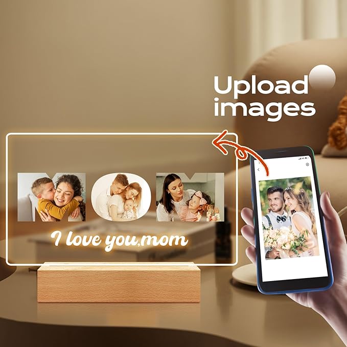 Custom Mom Picture Frame with Photo, Personalized Photo Frame with Night Light, Customized Picture Frames, Personalized Christmas Birthday Gifts for Mom from Daughter & Son