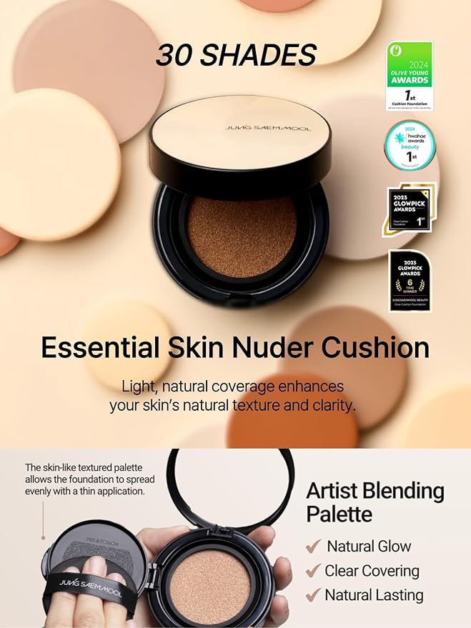 JUNG SAEM MOOL Essential Skin Nuder Cushion 36N Almond 0.49 Fl Oz, No Refill, Natural Radiant Finish Cushion Foundation with Buildable Coverage, Lightweight Texture, Korean Foundation Makeup