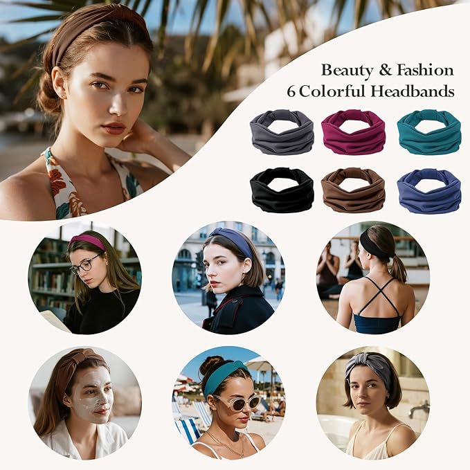 Headbands for Women, Wide Elastic Head Bands, Non-Slip Thick Hair Bands, Sports Stretchy Sweat Bands, Large Knotted Soft Headband, Gray Burgundy Green Black Coffee Navy