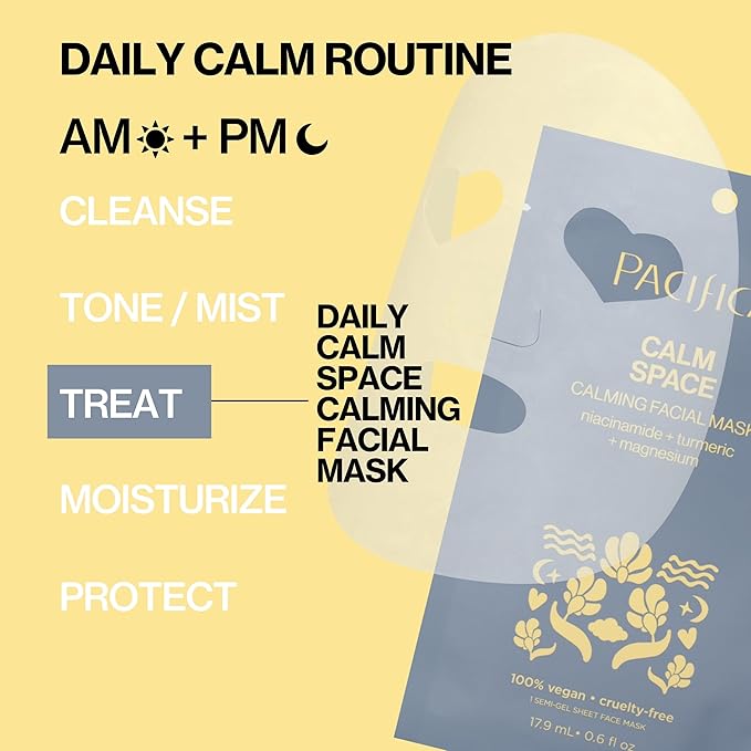 Pacifica Sheet Face Mask - Calm Space - Calming Facial Mask - Niacinamide & Turmeric Soothing Face Mask for Irritated Skin Clean Beauty Vegan & Cruelty-Free Dermatologist Tested