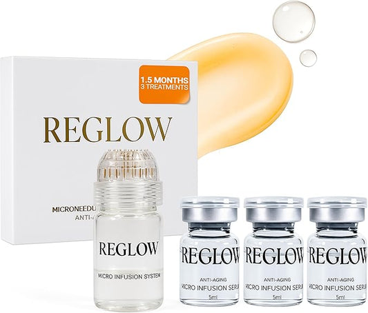 ReGlow Micro Infusion System for Face – 300% Deeper Absorption with 24K Gold Microneedling Tool + Serum (1.5 Months) – Firmer Radiant Skin, at-Home Treatment with Collagen Peptides & Hyaluronic Acid