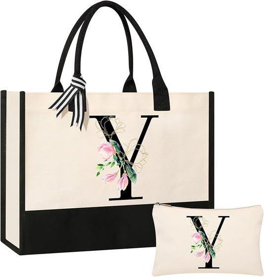 AYGE Personalized Initial Canvas Beach Bag Cosmetic Bags, Monogrammed Gifts for Women, Tote Bag, Makeup Bag, Birthday Gifts for Sister Mom Teacher Bridesmaid (Y)