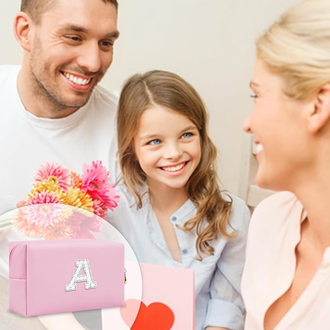 ChaoGreat Bride Gifts – Personalized Initial Makeup Bag with Pearl Rhinestone Patch, Preppy Pink Monogram Cosmetic/Toiletry Pouch, bridesmaid Gifts, Bridal Shower Gifts, Wedding Gifts, Bridal Gifts,A