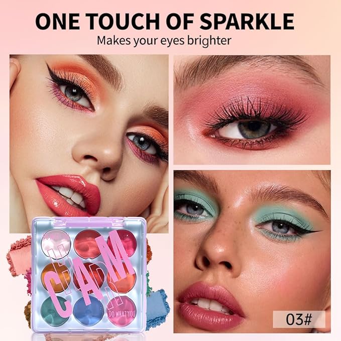 9-Color Bright Eyeshadow Palette – Vibrant Matte Rainbow Shades, Pink, Yellow, Green & Blue Tones, Long-Lasting, Waterproof, Blendable, Ideal for Party, Stage, or Trendy Everyday Makeup 03