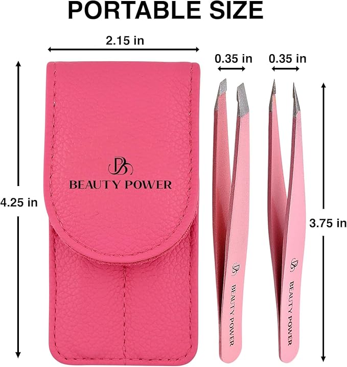 Professional Tweezers Set – Slant & Point, Ultra Precision German Stainless Steel Tweezers for Eyebrows, Chin, Ingrown Hair & Facial Grooming – Lightweight with Travel Case (Pink)