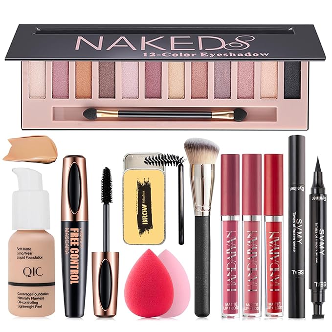 All in One Makeup Kit, Includes 12 Colors Naked Eyeshadow Palette, Beige Liquid Foundation, Lipstick Set, Eyebrow Soap, Eyeliner Stamp, Waterproof Mascara, Brush, Sponges