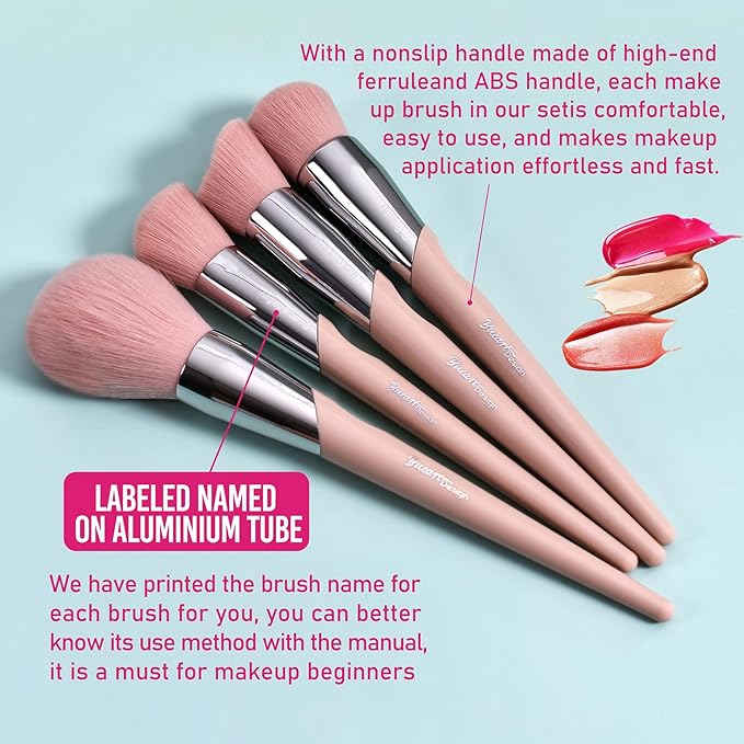 Bueart design 16Pcs ULTRA SOFT Labeled Best Makeup Brushes set with Travel Holder case face Contour Foundation brushes (16Pcs Elegant+Pink Holder)