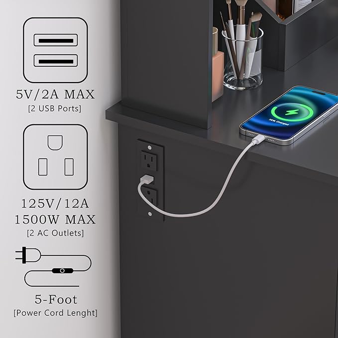 Vanity Desk with Mirror & Lights, Makeup Vanity Table with Charging Station, 3 Lighting Modes, Large Storage Space with Drawers and Shelves, Elegant White Vanity Set for Bedroom Dressing Room