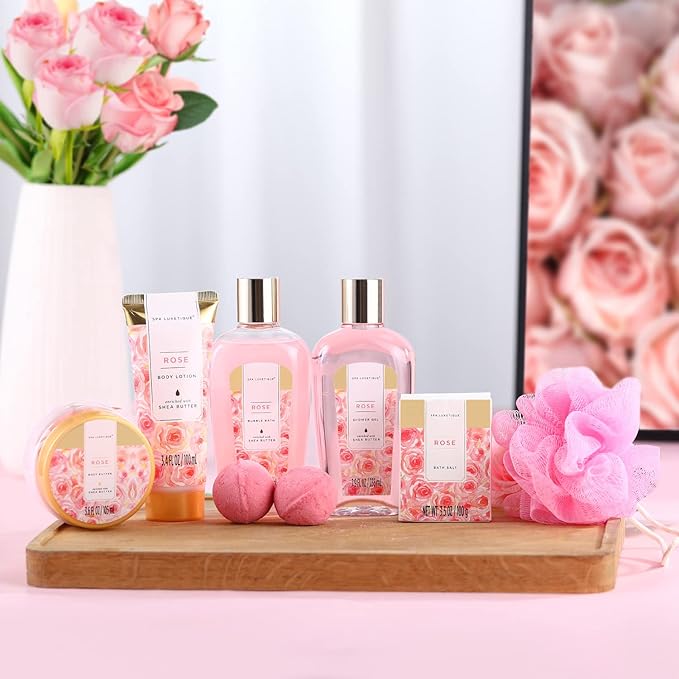 spa luxetique Gift Set For Women, Bath Sets for Women Gift, 8 Pcs Rose Spa Basket Includes Bubble Bath, Shower Gel, Body Lotion, Birthday Spa Gifts, Mother‘s Day Gifts for Mom