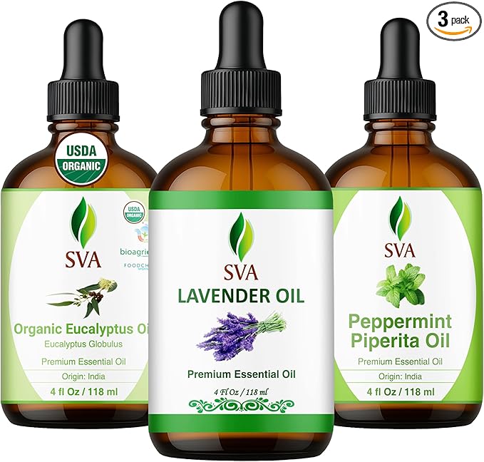SVA Peppermint, Lavender and Eucalyptus Essential Oil 4oz Bundle Super Saver Combo – Premium Grade Value Set for Aromatherapy, Scalp Massage, Hair Care, Skin & Body