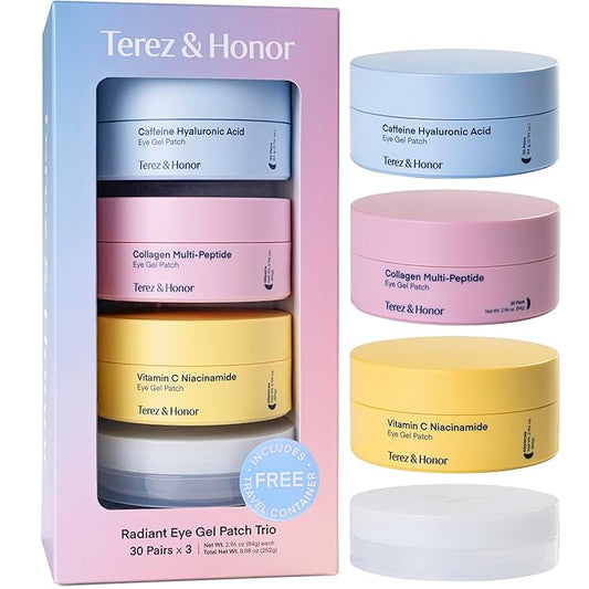 TEREZ & HONOR Eye Patches Set: Korean Hydrogel Eye Masks Gift, 3 Pack (x 60 Pcs) with Caffeine, Collagen & Vitamin C - For Puffy Eyes, Dark Circles, Fine Lines, Wrinkles & Bags, Travel Case Included