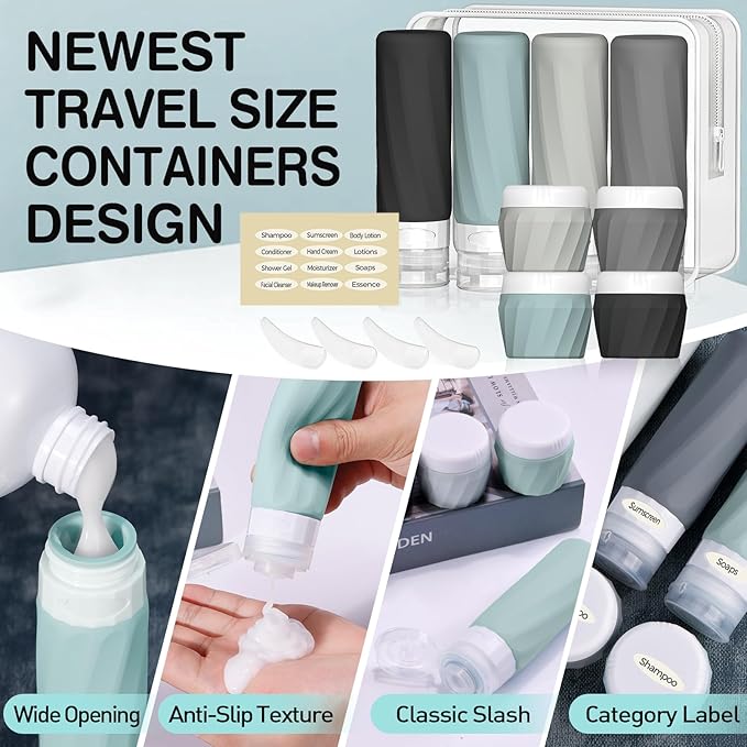 14pack Travel Bottles for Toiletries, TSA Approved Travel Size Toiletries Containers Set, Premium Silicone Leak Proof Refillable Squeezable & Creams jars Accessories Kit W/Clear Bag (Gray)