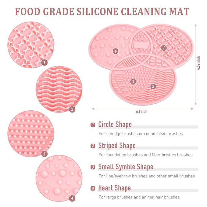 Makeup Brush Cleaning Mat & Drying Rack - 28 Holes Brush Holder, Silicone Rubber Clover Shaped Mat Cleaner - Black & Pink