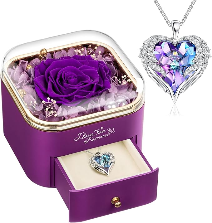 Preserved Real Purple Rose with Angle Wings Necklace, Forever Flowers Gifts for Mom Grandma Wife Girlfriend at Christmas Valentines, Anniversary Birthday Gifts for Women, I Love You Gifts for Her