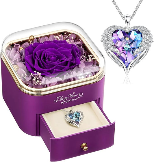 Preserved Real Purple Rose with Angle Wings Necklace, Forever Flowers Gifts for Mom Grandma Wife Girlfriend at Christmas Valentines, Anniversary Birthday Gifts for Women, I Love You Gifts for Her